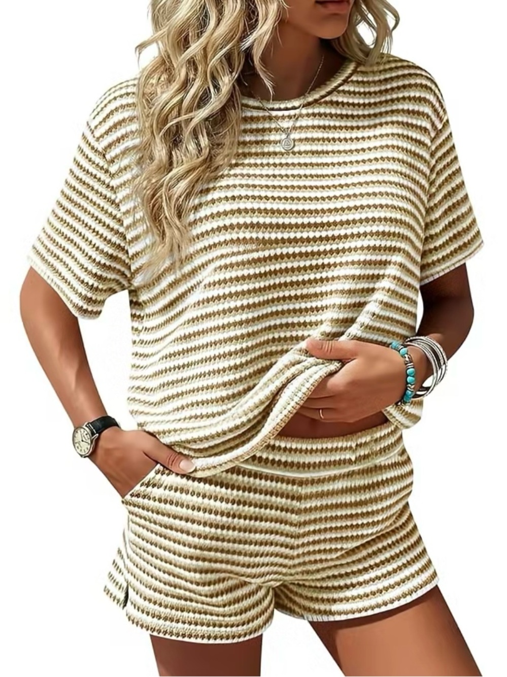 Fisoew Womens Striped 2 Piece Outfits Casual Size Small Khaki Shirt Shorts